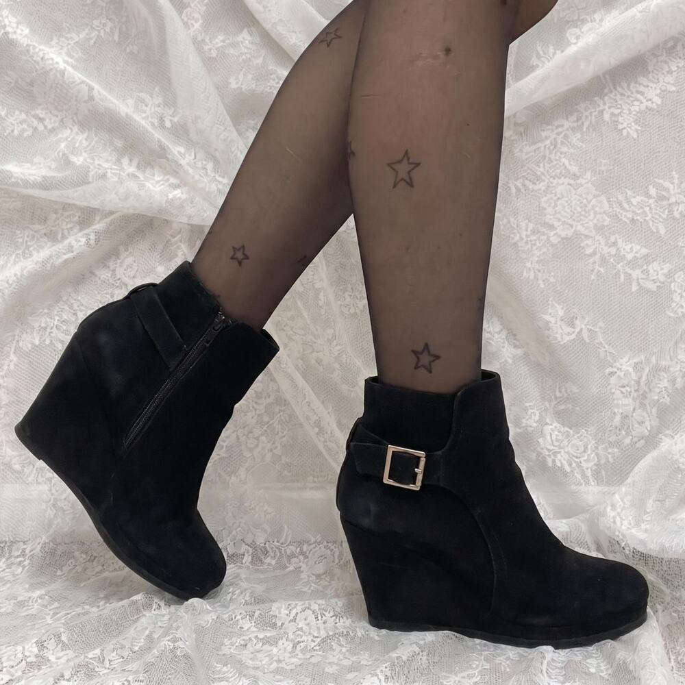 Black Leather Wedge Boots Office Siren 90s Vamp Indie Sleaze Gothic Grunge